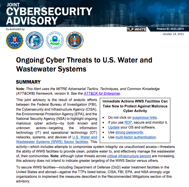 美国发布针对其水务系统的网络威胁联合警报
